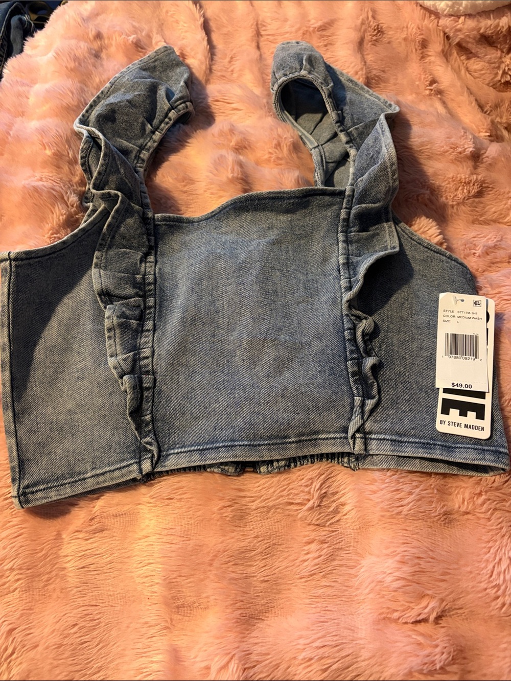 Stevie by Steve Madden Denim Ruffle-Strap Crop Tank